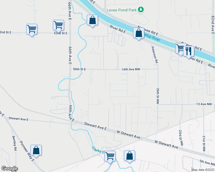 map of restaurants, bars, coffee shops, grocery stores, and more near 1424 32nd Street Northwest in Puyallup