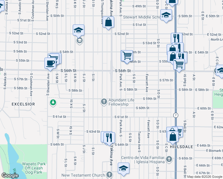 map of restaurants, bars, coffee shops, grocery stores, and more near 5640 South Yakima Avenue in Tacoma
