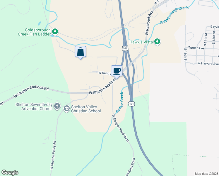 map of restaurants, bars, coffee shops, grocery stores, and more near 31 West Deegan Road West in Shelton