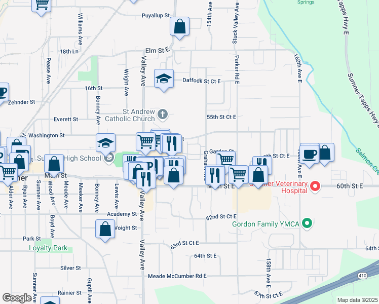 map of restaurants, bars, coffee shops, grocery stores, and more near 5709 152nd Avenue Court East in Sumner