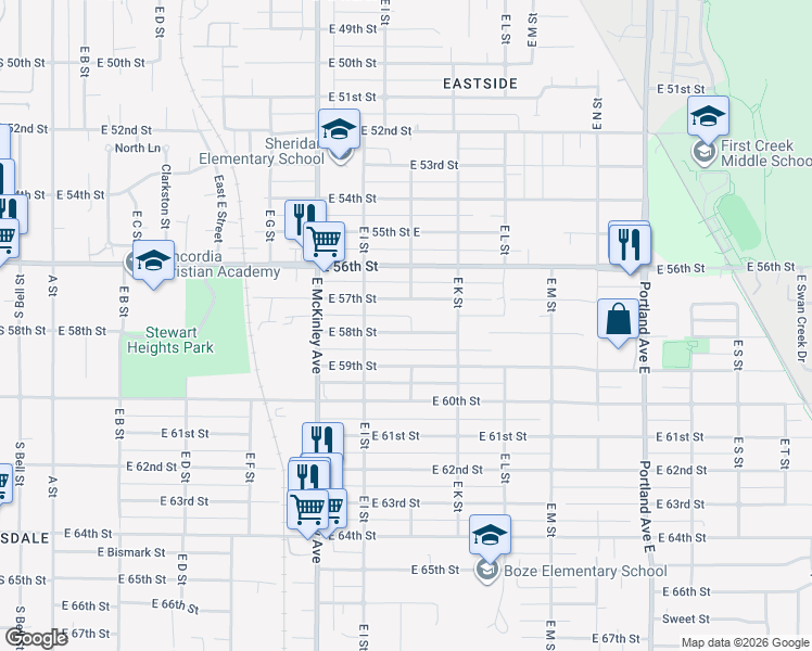 map of restaurants, bars, coffee shops, grocery stores, and more near 929 East 58th Street in Tacoma