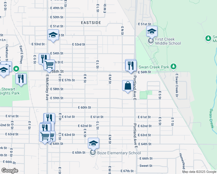 map of restaurants, bars, coffee shops, grocery stores, and more near 5708 East M Street in Tacoma