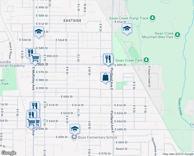 map of restaurants, bars, coffee shops, grocery stores, and more near 1323 East 58th Street in Tacoma