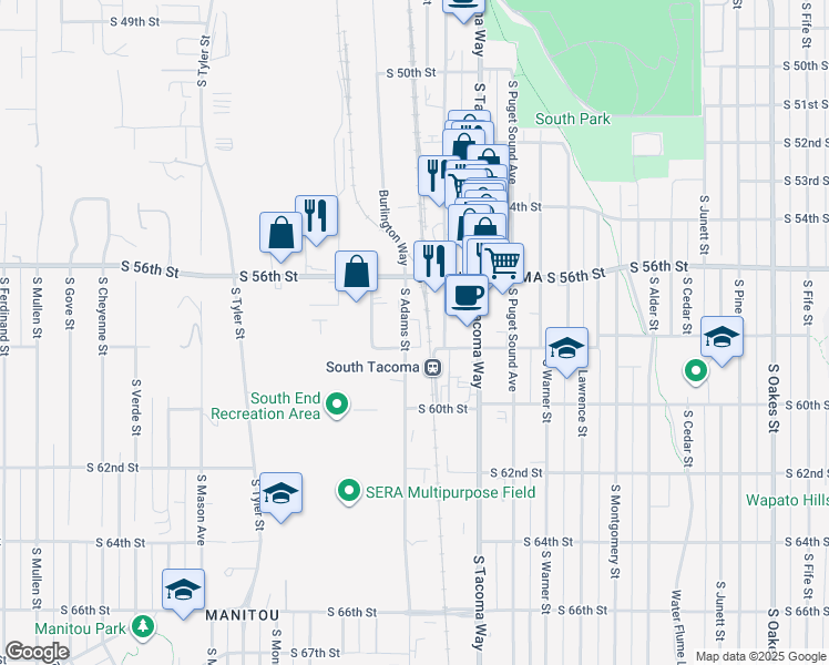 map of restaurants, bars, coffee shops, grocery stores, and more near 5602 S Washington St in Tacoma