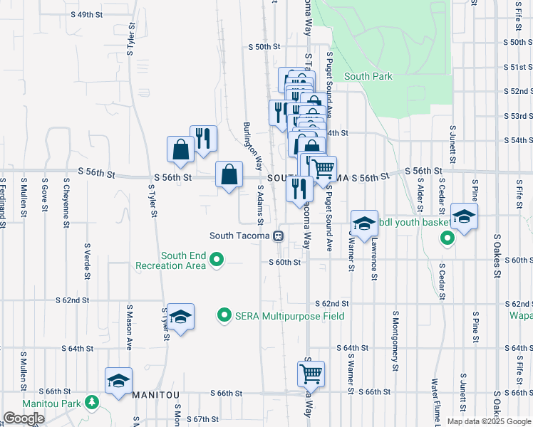 map of restaurants, bars, coffee shops, grocery stores, and more near 5602 S Washington St in Tacoma