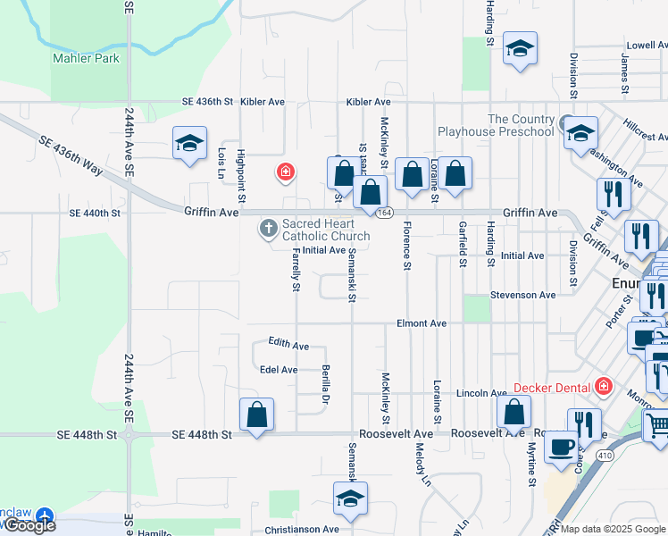 map of restaurants, bars, coffee shops, grocery stores, and more near 2881 Sun Mountain Drive in Enumclaw