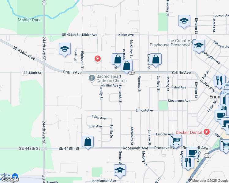 map of restaurants, bars, coffee shops, grocery stores, and more near 2881 Sun Mountain Drive in Enumclaw