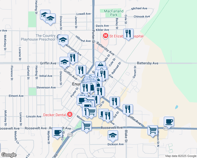 map of restaurants, bars, coffee shops, grocery stores, and more near 1742 Cole Street in Enumclaw