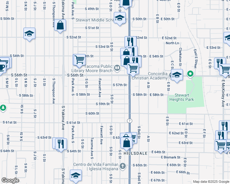 map of restaurants, bars, coffee shops, grocery stores, and more near 239 South 58th Street in Tacoma