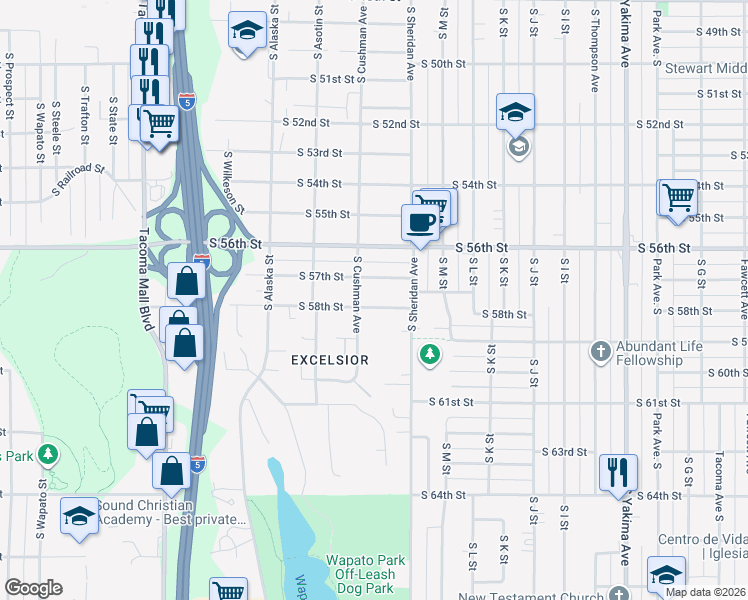 map of restaurants, bars, coffee shops, grocery stores, and more near 1429 South 58th Street in Tacoma