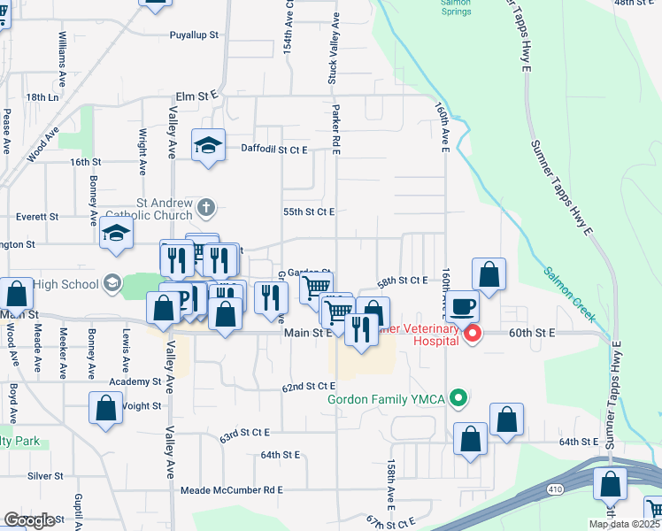 map of restaurants, bars, coffee shops, grocery stores, and more near 15519 Garden Street in Sumner