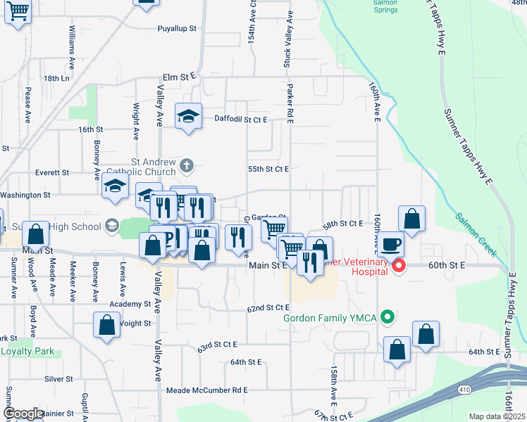 map of restaurants, bars, coffee shops, grocery stores, and more near 15421 Garden Street in Sumner