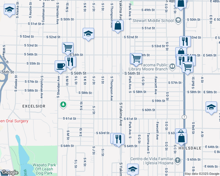 map of restaurants, bars, coffee shops, grocery stores, and more near 5640 South Thompson Avenue in Tacoma