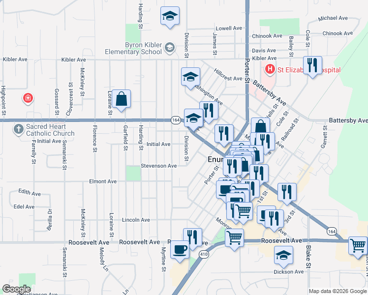map of restaurants, bars, coffee shops, grocery stores, and more near 1486 Division Street in Enumclaw