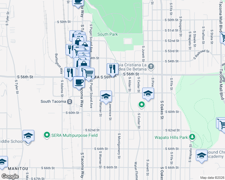 map of restaurants, bars, coffee shops, grocery stores, and more near 5634 South Lawrence Street in Tacoma