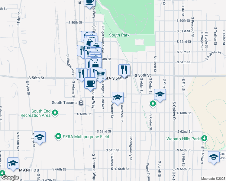 map of restaurants, bars, coffee shops, grocery stores, and more near 5631 South Warner Street in Tacoma