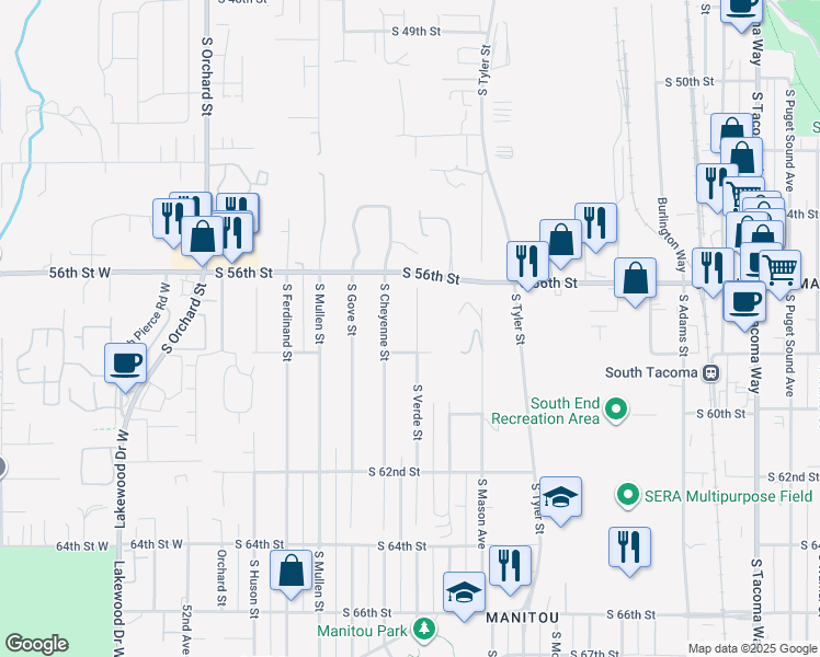 map of restaurants, bars, coffee shops, grocery stores, and more near 5712 South Verde Street in Tacoma