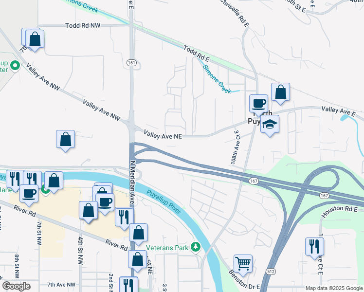 map of restaurants, bars, coffee shops, grocery stores, and more near 400 Valley Avenue East in Puyallup