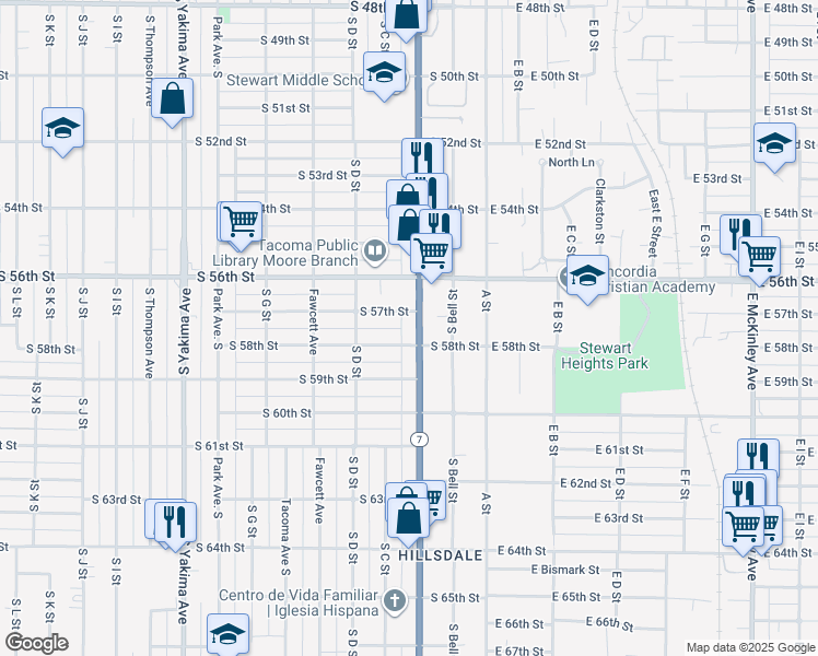 map of restaurants, bars, coffee shops, grocery stores, and more near 5710 Pacific Avenue in Tacoma