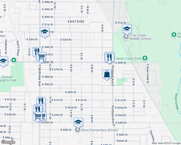 map of restaurants, bars, coffee shops, grocery stores, and more near 5708 East M Street in Tacoma