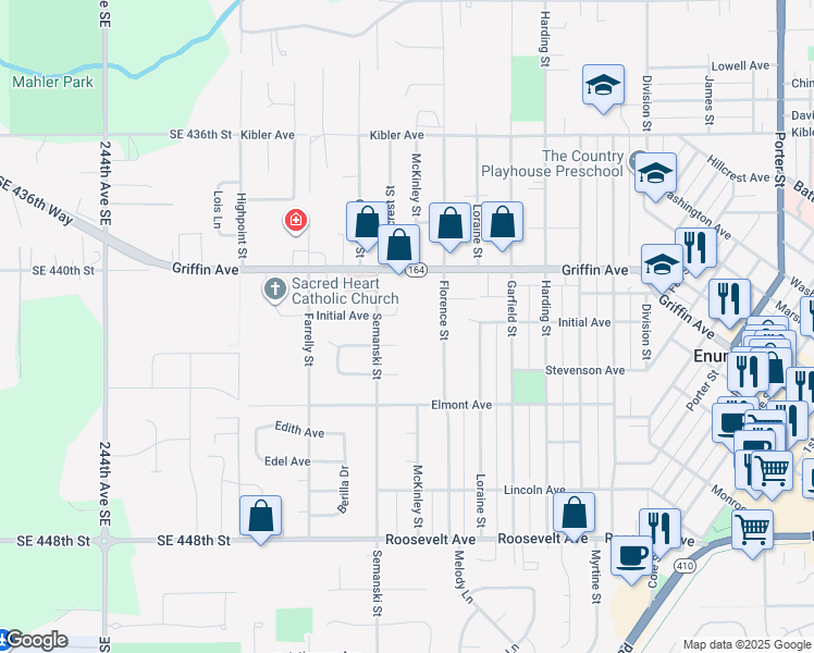 map of restaurants, bars, coffee shops, grocery stores, and more near 2714 Initial Place in Enumclaw