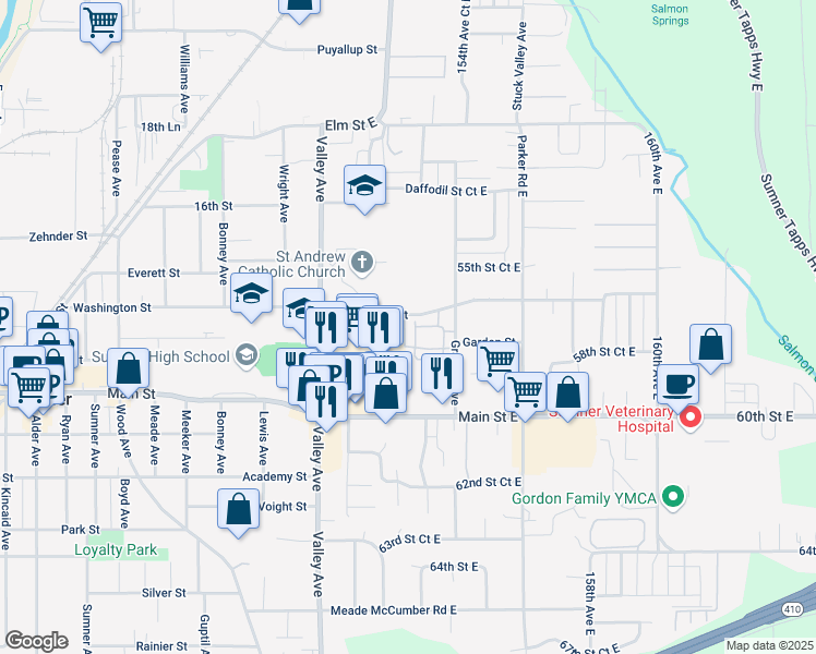 map of restaurants, bars, coffee shops, grocery stores, and more near 5709 152nd Avenue Court East in Sumner