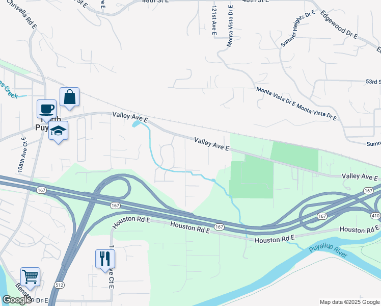 map of restaurants, bars, coffee shops, grocery stores, and more near 5717 119th Avenue East in Puyallup