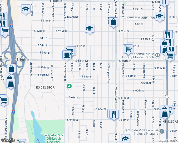 map of restaurants, bars, coffee shops, grocery stores, and more near 5637 South K Street in Tacoma