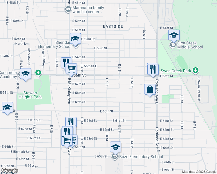 map of restaurants, bars, coffee shops, grocery stores, and more near 1106 East 57th Street in Tacoma
