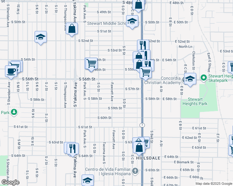 map of restaurants, bars, coffee shops, grocery stores, and more near 420 South 57th Street in Tacoma