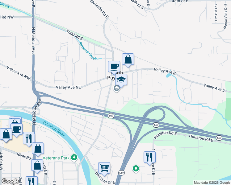map of restaurants, bars, coffee shops, grocery stores, and more near 5715 Milwaukee Avenue East in Puyallup