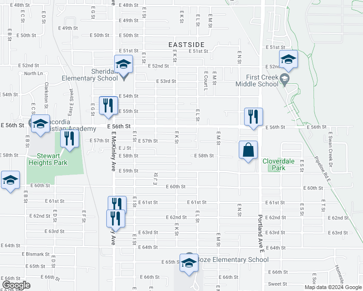 map of restaurants, bars, coffee shops, grocery stores, and more near 1106 East 57th Street in Tacoma