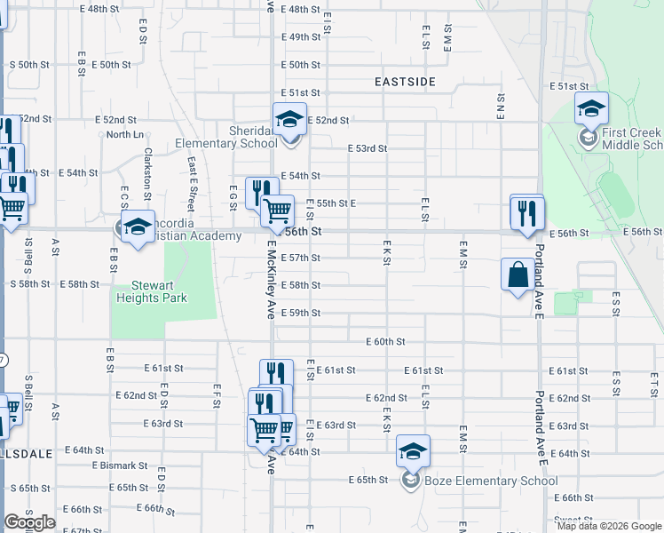 map of restaurants, bars, coffee shops, grocery stores, and more near 918 East 57th Street in Tacoma