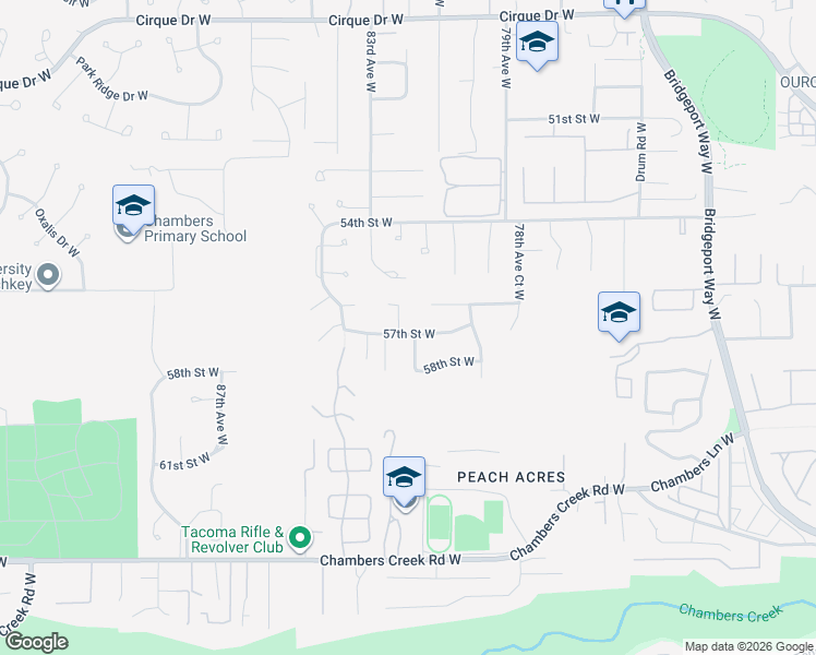 map of restaurants, bars, coffee shops, grocery stores, and more near 5705 82nd Avenue Court West in University Place