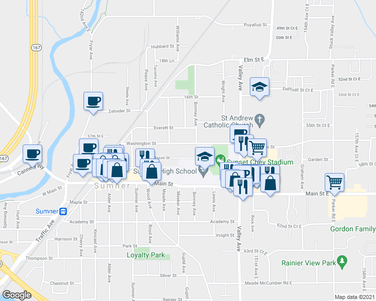 map of restaurants, bars, coffee shops, grocery stores, and more near 1531 Mason Street in Sumner