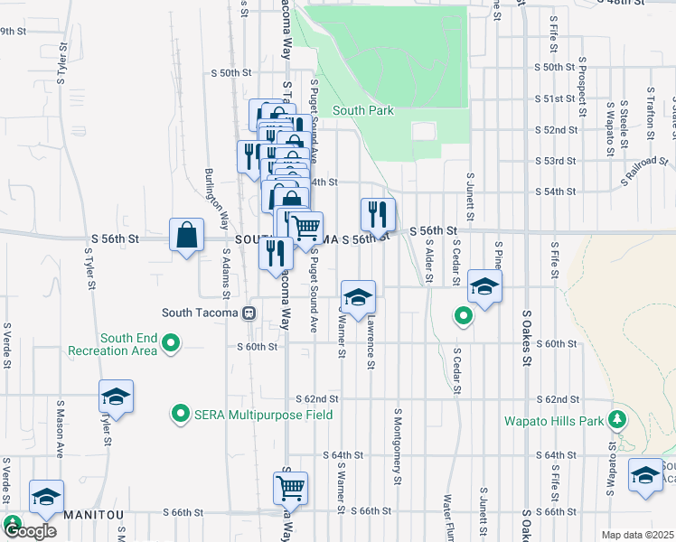 map of restaurants, bars, coffee shops, grocery stores, and more near 5631 South Warner Street in Tacoma