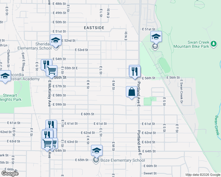map of restaurants, bars, coffee shops, grocery stores, and more near 5708 East M Street in Tacoma