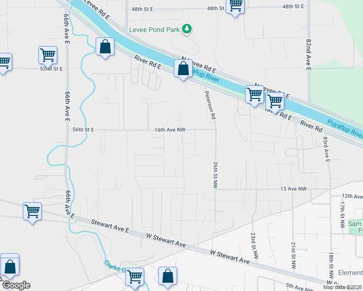 map of restaurants, bars, coffee shops, grocery stores, and more near 7224 56th Street East in Puyallup