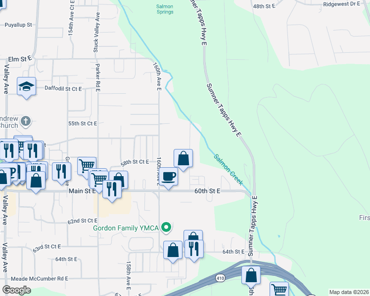 map of restaurants, bars, coffee shops, grocery stores, and more near 5708 162nd Avenue East in Sumner