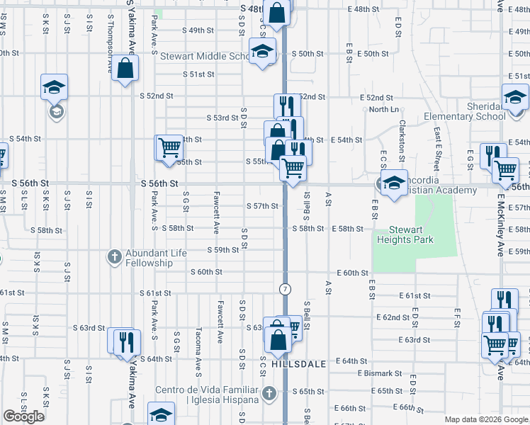 map of restaurants, bars, coffee shops, grocery stores, and more near 5710 Pacific Avenue in Tacoma