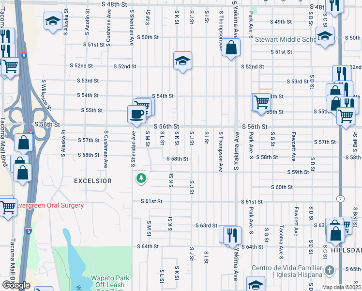 map of restaurants, bars, coffee shops, grocery stores, and more near 5631 South K Street in Tacoma