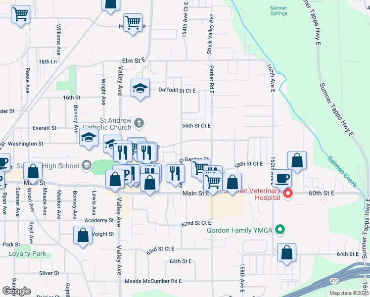 map of restaurants, bars, coffee shops, grocery stores, and more near 15318 Washington Street in Sumner