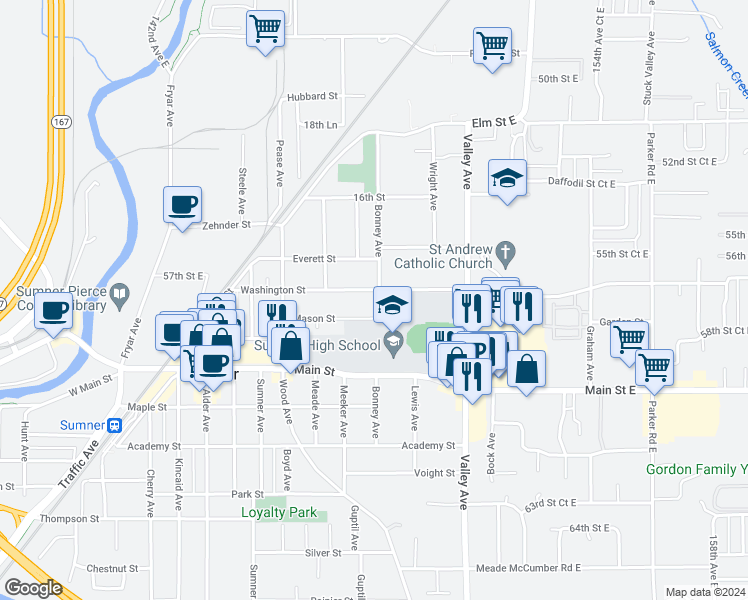 map of restaurants, bars, coffee shops, grocery stores, and more near 1531 Mason Street in Sumner