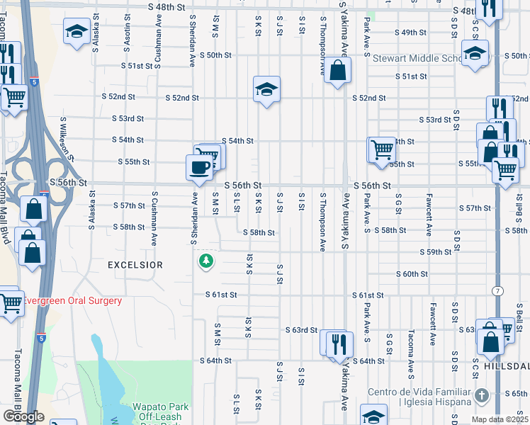 map of restaurants, bars, coffee shops, grocery stores, and more near 5631 South K Street in Tacoma