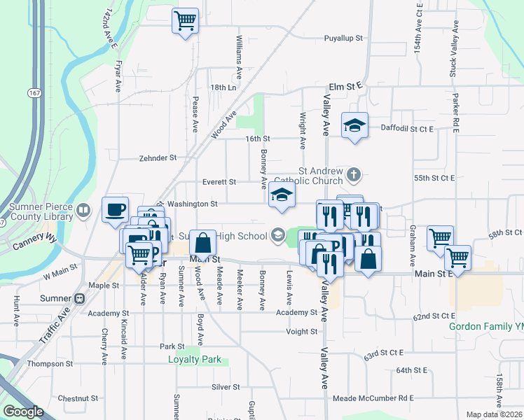 map of restaurants, bars, coffee shops, grocery stores, and more near 1531 Mason Street in Sumner
