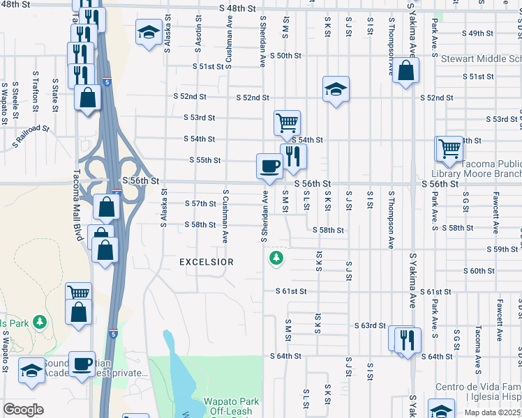 map of restaurants, bars, coffee shops, grocery stores, and more near in Tacoma