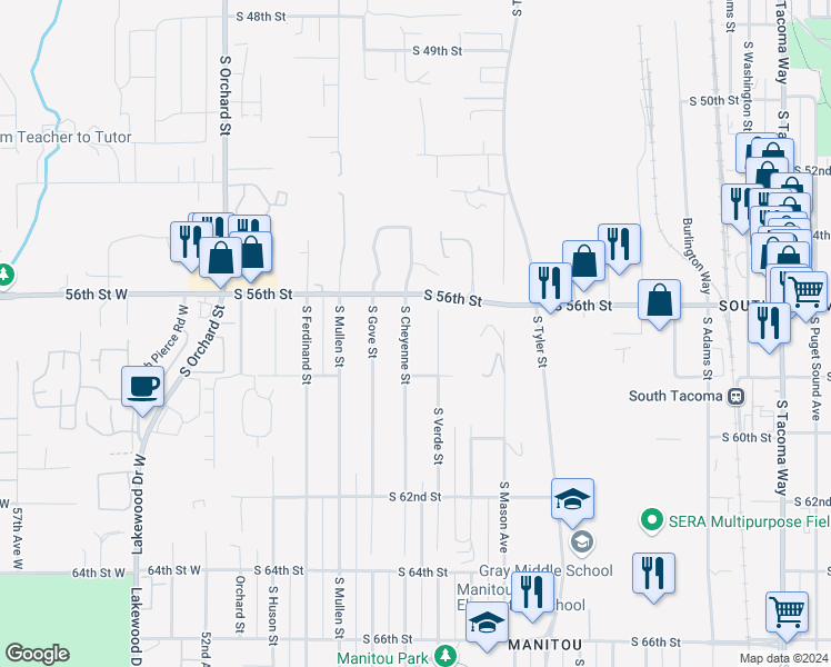 map of restaurants, bars, coffee shops, grocery stores, and more near 5712 South Verde Street in Tacoma