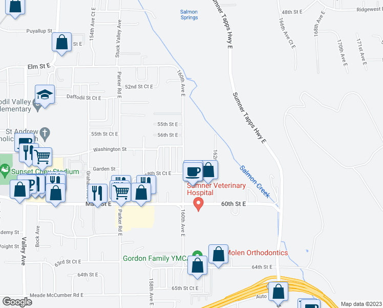 map of restaurants, bars, coffee shops, grocery stores, and more near 5623 160th Avenue East in Sumner