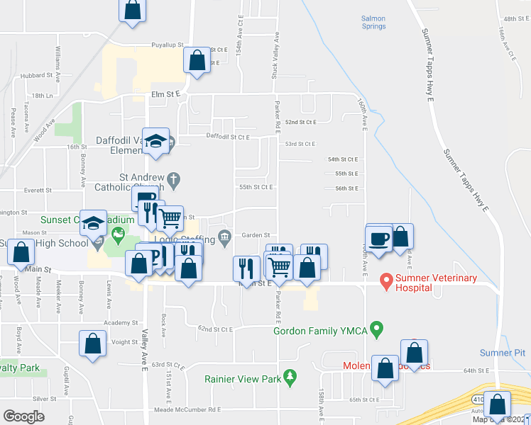 map of restaurants, bars, coffee shops, grocery stores, and more near 15519 Garden Street in Sumner