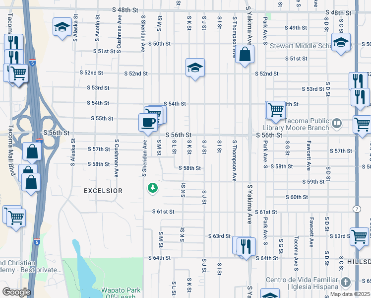 map of restaurants, bars, coffee shops, grocery stores, and more near 5639 South L Street in Tacoma